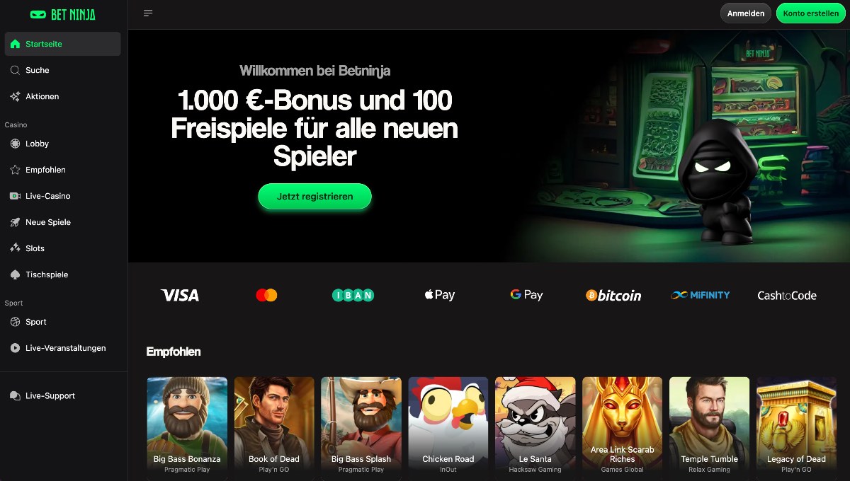 Betninja ist ein krypto-freundlicher Anbieter mit Fokus auf Live-Dealer-Spiele und Sportwetten, der anspruchsvollen Spielern weit mehr Tiefe und Action bietet als ein gewöhnlicher Online Casino Bonus ohne Einzahlung.