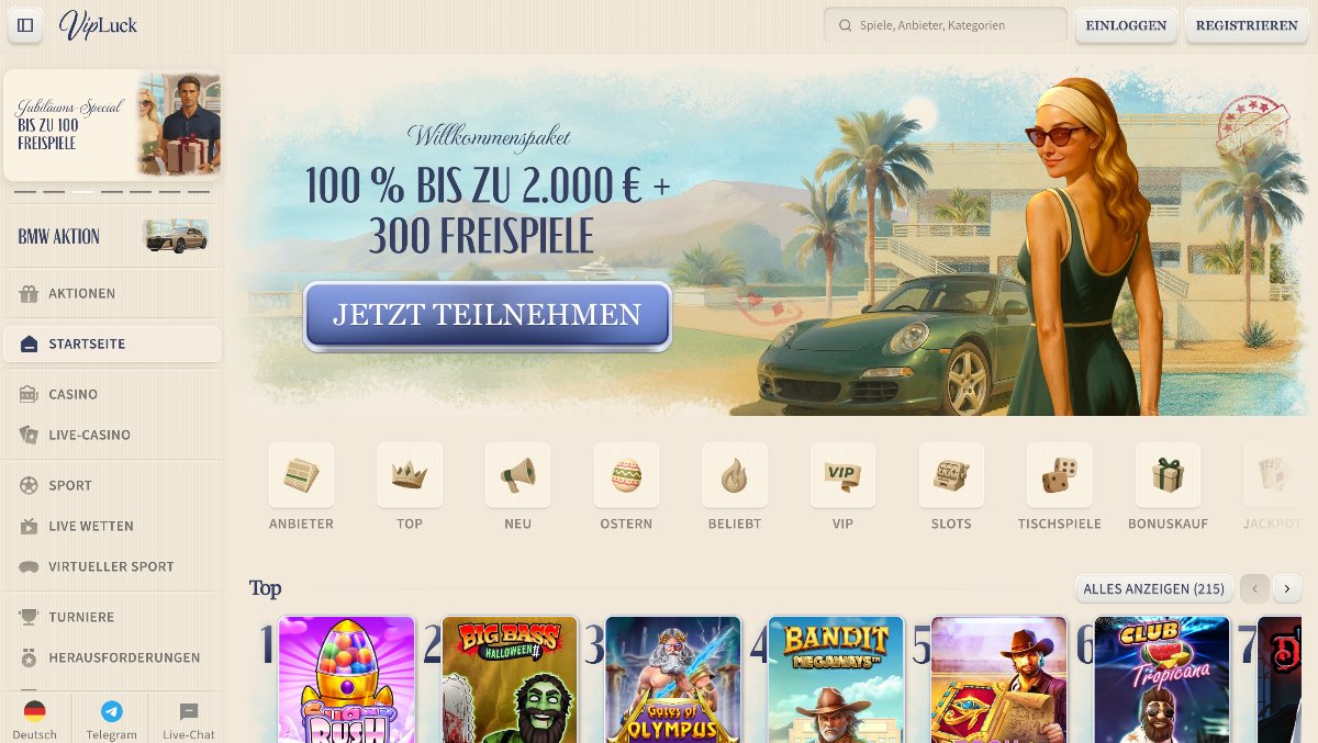 Vipluck überzeugt durch drei gestaffelte Einzahlungsboni und ein VIP-Cashback von bis zu 15 %, was für deutlich mehr Spielzeit sorgt als jeder herkömmliche Online Casino Bonus ohne Einzahlung.